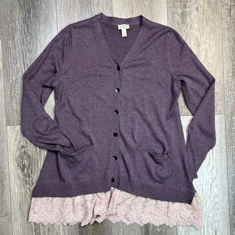 LOGO Lori Goldstein Button Front Lace Trim Hi-Low Knit
Cardigan Sweater - Picture 9 of 11